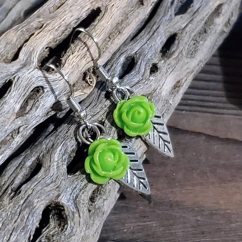 Handcrafted Antique Silver Leaf Spring Green Lucite Rose Dangle Earrings